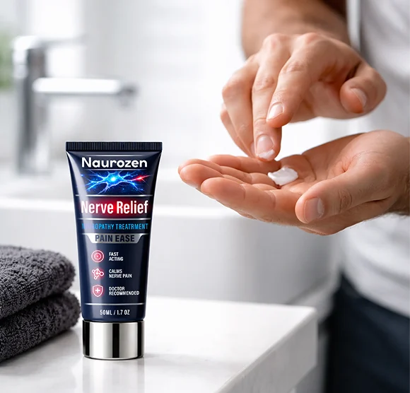 Naurozen Tube auf einem Waschbecken neben einer Hand, in der eine kleine Menge Creme liegt